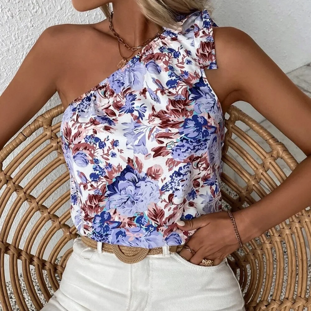 Boho Floral Print One Shoulder Blouse - Picture 4 of 5